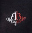 A close-up of a black fabric item featuring an embroidered monogram logo with a red and white stylized 'B' and decorative script.